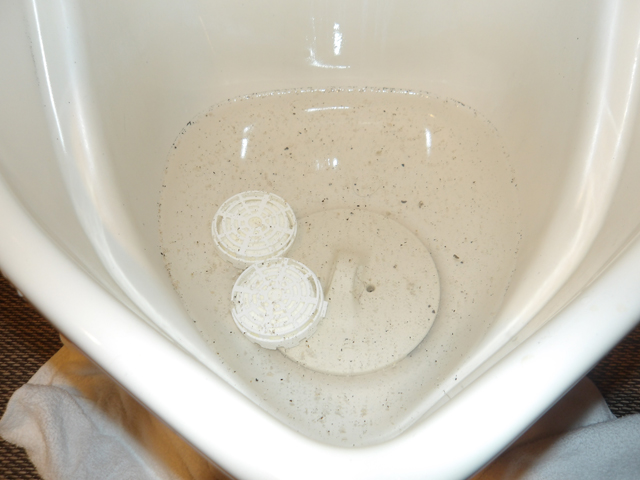 排水不良で水がたまった小便器